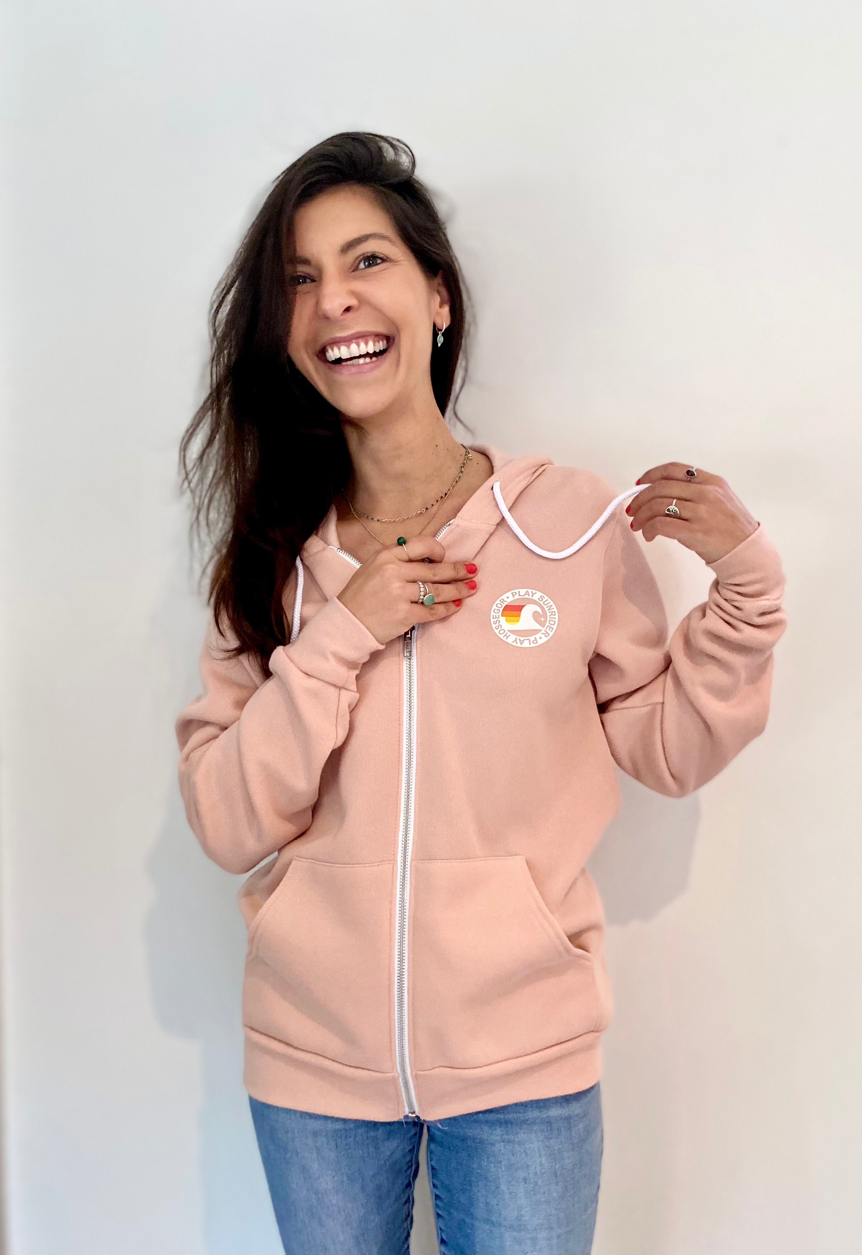 Sweat à capuche zippé rose pâle